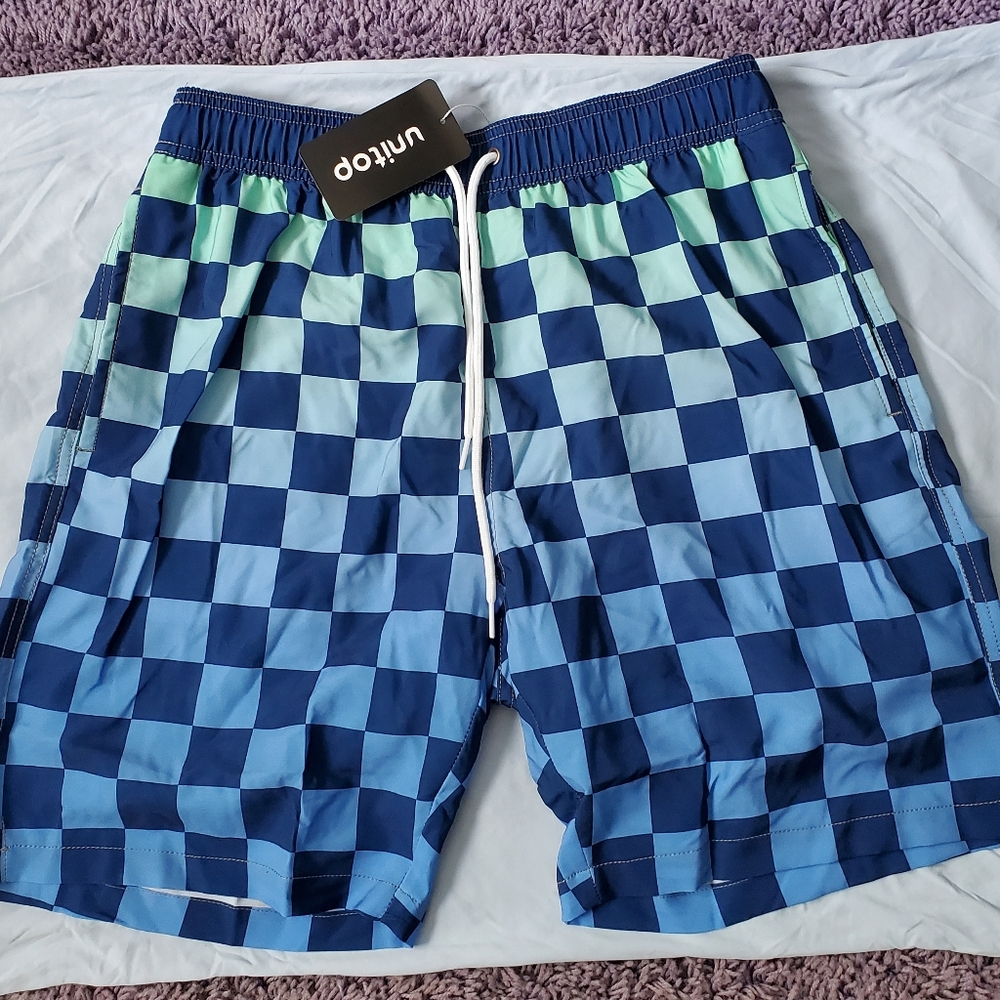 Unitop Blue and Mint Ombre Checker Print Swim Trunks